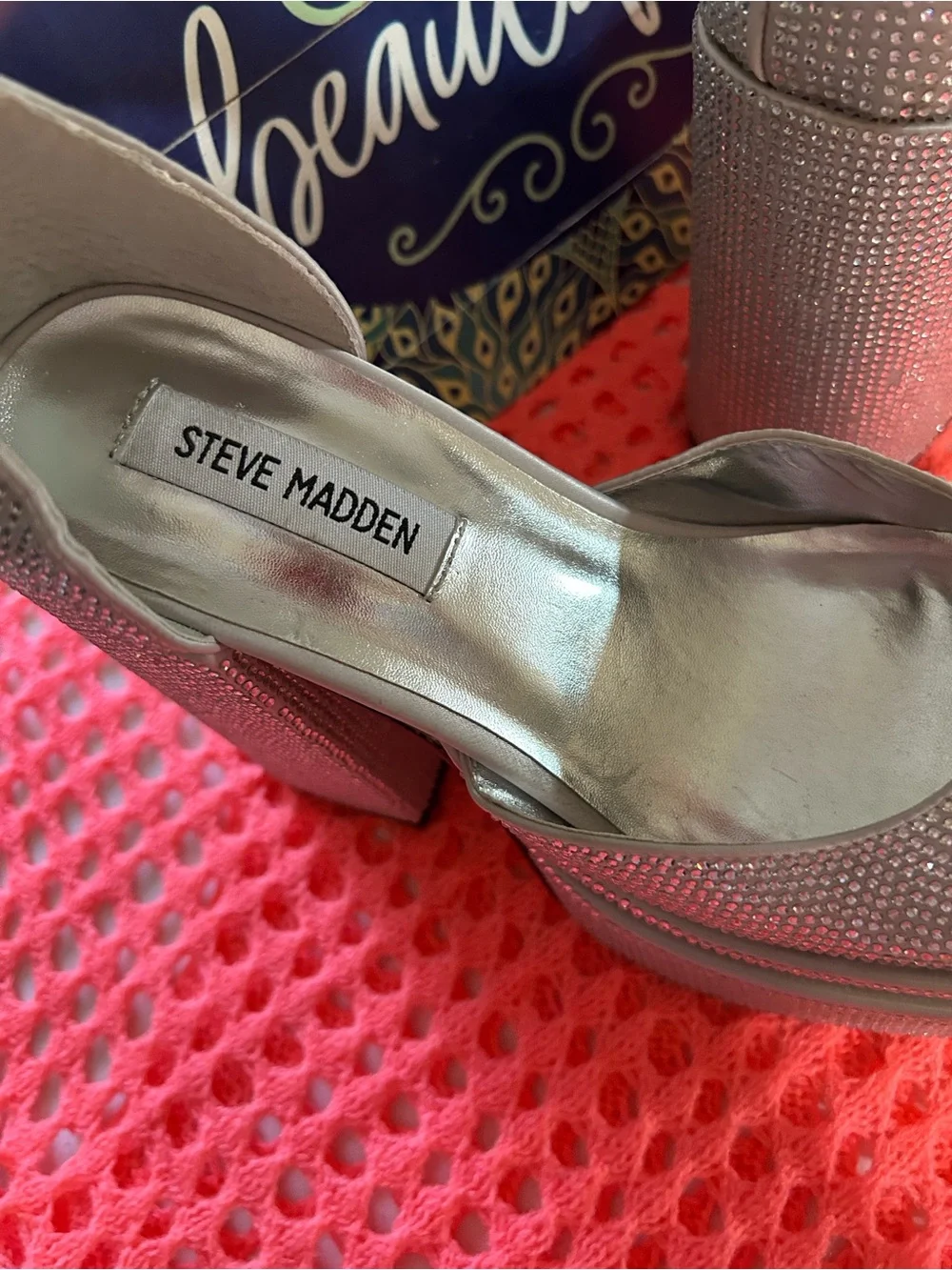 Steve Madden Silver Rhinestone Platform Block Heels with Slingback